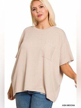 Ash Mocha Plus Size Raised Rib Short Sleeve Front Pocket Top